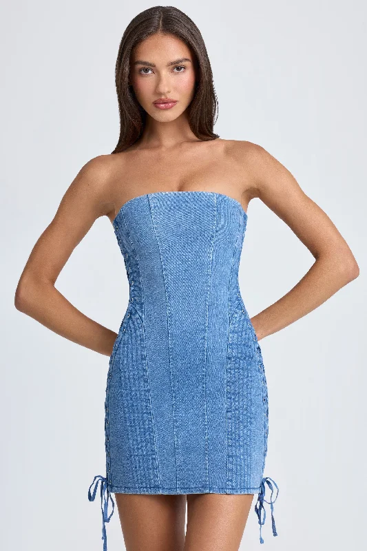 Mini dresses with cut - out details for a trendy lookBandeau Lace-Up Mini Dress in Mid Blue Stonewash Mini dresses with cut - out details for a trendy lookBandeau Lace-Up Mini Dress in Mid Blue Stonewash