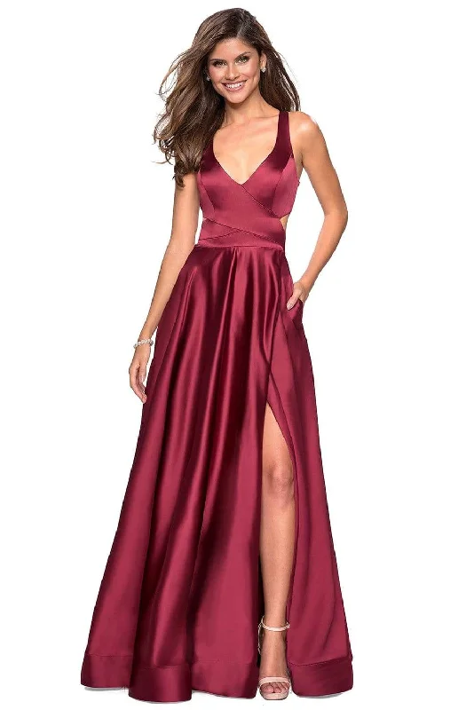 La Femme - 27487 Plunging Halter V-neck Satin A-line Dress