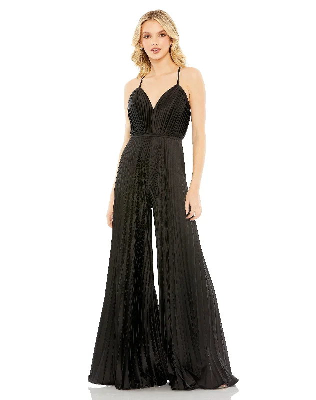 One - shoulder wedding guest dresses with beaded detailsMac Duggal 26319 Formal Pleated Wide Leg Jumpsuit