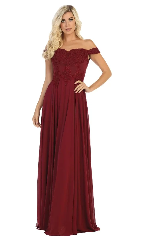 Wedding guest dresses with patchwork designs for a unique lookMay Queen Bridal - MQ1644 Lace Ornate Off-Shoulder Chiffon A-Line Gown