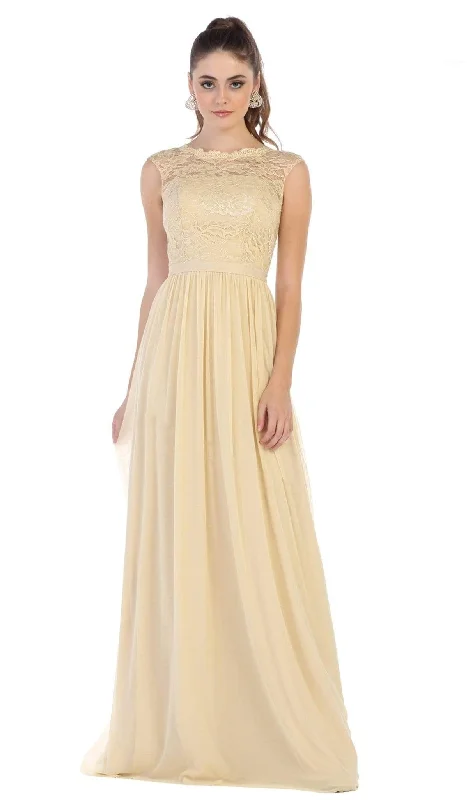 Wrap - style wedding guest dresses with bow accentsMay Queen - MQ1590 Lace Cap Sleeve Bateau A-line Dress