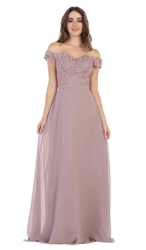 Geometric - printed wedding guest dresses for a modern weddingMay Queen - MQ1601 Lace Appliqued Chiffon Off Shoulder Formal Gown