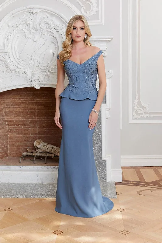 Wedding guest dresses with gathered skirts and V - necklinesMGNY Madeline Gardner New York  72718 Long Formal Dress