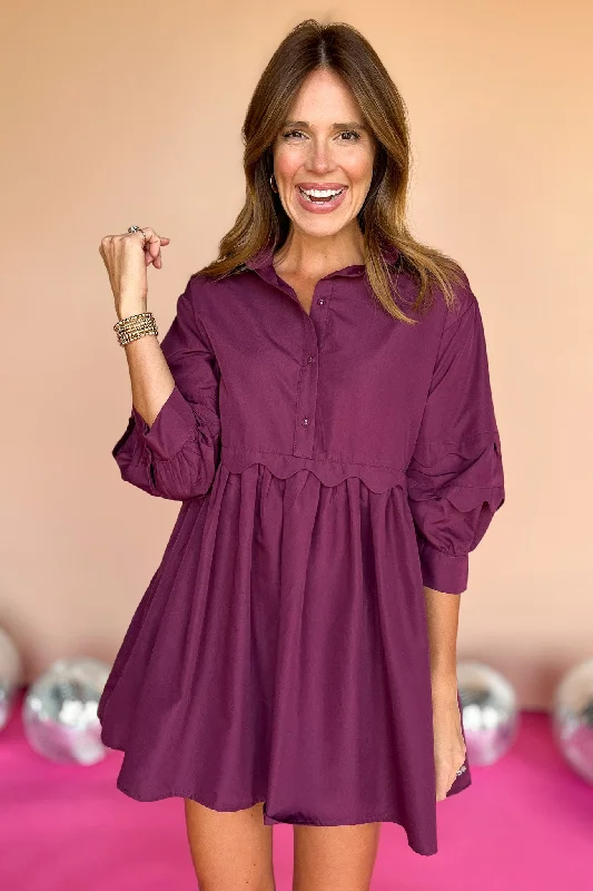 Cotton mini dresses for a comfortable everyday optionPlum Scallop Detail Collared Button Front 3/4 Sleeve Dress Cotton mini dresses for a comfortable everyday optionPlum Scallop Detail Collared Button Front 3/4 Sleeve Dress