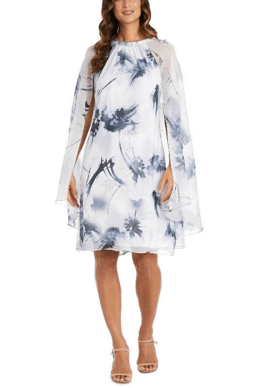 Wedding guest dresses with cold - shoulder designs and solid colorsR&M Richards 9239 - Floral Printed Capelet Formal Dress
