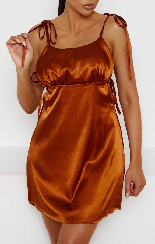 Sequined mini dresses for New Year's EveRust Satin Ruched Bust Tie Detail Mini Dress - Azaria Sequined mini dresses for New Year's EveRust Satin Ruched Bust Tie Detail Mini Dress - Azaria
