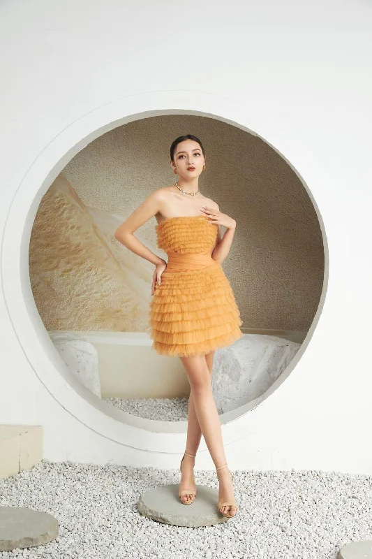 Mini dresses with asymmetric hems for a fashion - forward lookWhitma Strapless Ruffle Layer Mesh Sheer Mini Dress Mini dresses with asymmetric hems for a fashion - forward lookWhitma Strapless Ruffle Layer Mesh Sheer Mini Dress
