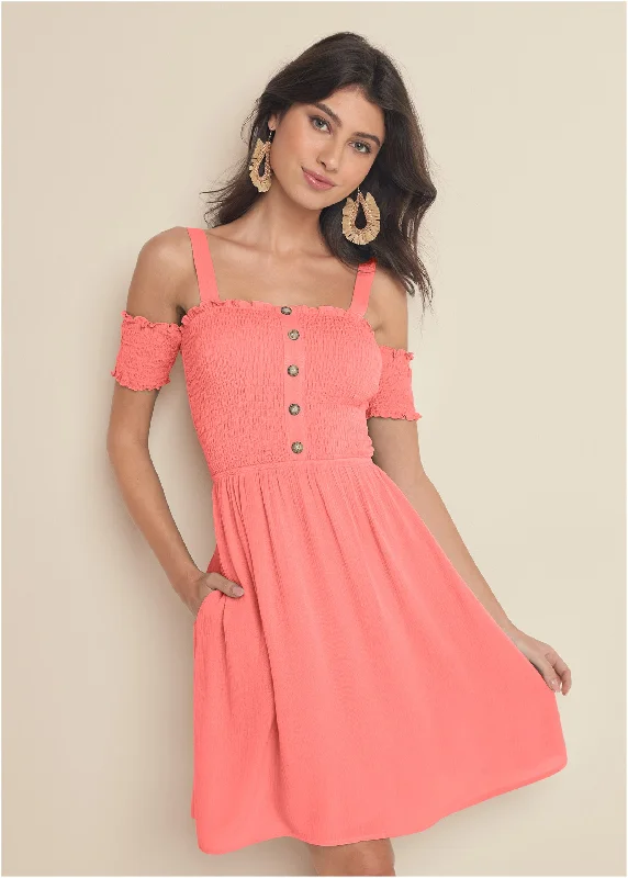 Mini dresses with pleated skirts for a classic lookSmocked A-Line Mini Dress - Coral Mini dresses with pleated skirts for a classic lookSmocked A-Line Mini Dress - Coral