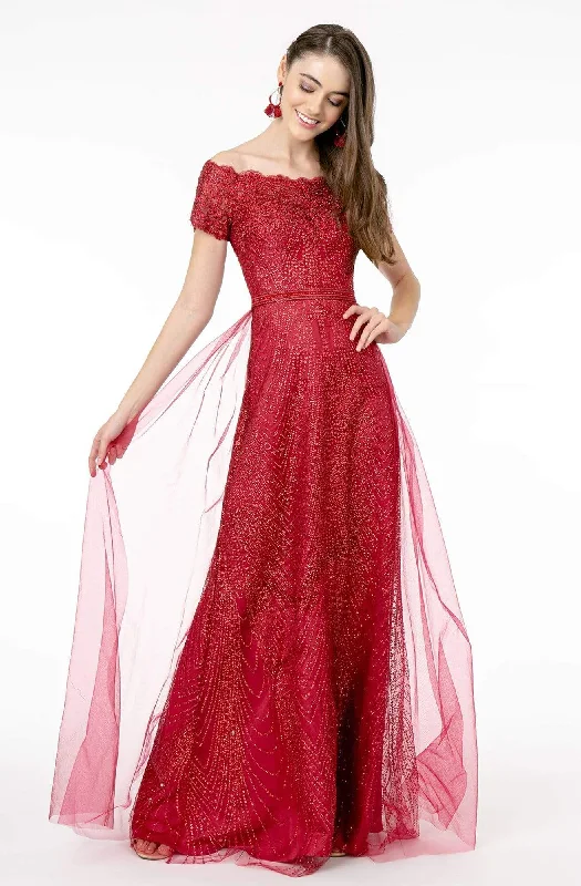Formal dresses with high - low hems and floral embroidery for a unique prom styleElizabeth K - GL2942 Glitter Print Off-Shoulder A-Line Dress Formal dresses with high - low hems and floral embroidery for a unique prom styleElizabeth K - GL2942 Glitter Print Off-Shoulder A-Line Dress