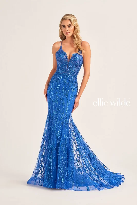 Plus Size Women Dress with a Flattering A - Line Cut for Comfort and StyleEllie Wilde EW35104 Prom Long Fitted Sequin Formal Dress