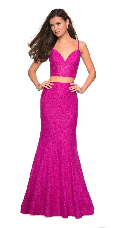 Formal dresses with button - front designs and tulle skirts for a charming prom styleLa Femme - 27589 Two Piece Lace Stretch Jersey Mermaid Dress
