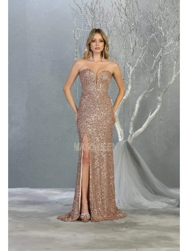 Prom dresses with cold - shoulder ruffled sleeves and floral prints for a romantic and fashionable styleMay Queen - MQ1747 Strappy Plunging Sweetheart Dress with Slit Prom dresses with cold - shoulder ruffled sleeves and floral prints for a romantic and fashionable styleMay Queen - MQ1747 Strappy Plunging Sweetheart Dress with Slit