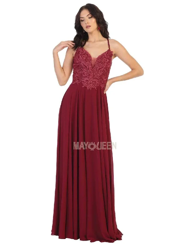 Prom dresses with tiered ruffled sleeves and satin skirts for a feminine and voluminous lookMay Queen - MQ1750 Embroidered Plunging V-neck A-line Dress Prom dresses with tiered ruffled sleeves and satin skirts for a feminine and voluminous lookMay Queen - MQ1750 Embroidered Plunging V-neck A-line Dress