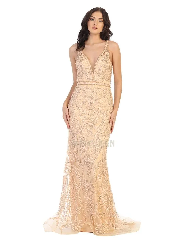 Formal dresses with button - front designs and tulle skirts for a charming prom styleMay Queen - MQ1758 Beaded Soutache Plunging V-Neck Gown Formal dresses with button - front designs and tulle skirts for a charming prom styleMay Queen - MQ1758 Beaded Soutache Plunging V-Neck Gown