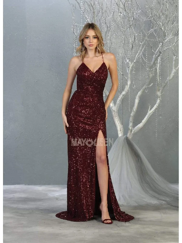 Prom dresses with side - slit skirts and beaded fringes for a glamorous appearanceMay Queen - RQ7852 Sequin Embellished Deep V-Neck Dress with Slit Prom dresses with side - slit skirts and beaded fringes for a glamorous appearanceMay Queen - RQ7852 Sequin Embellished Deep V-Neck Dress with Slit