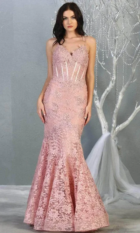 Tea - length formal dresses with lace trim for a semi - formal promMay Queen - RQ7865 Lace Appliqued V-Neck Trumpet Dress Tea - length formal dresses with lace trim for a semi - formal promMay Queen - RQ7865 Lace Appliqued V-Neck Trumpet Dress