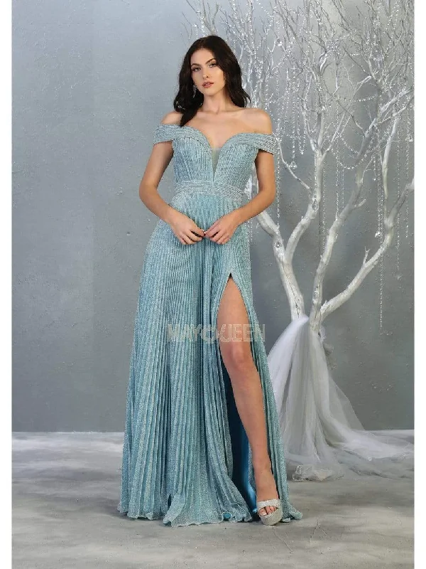 Formal dresses with tiered lace skirts and off - the - shoulder necklines for a feminine and elegant formal appearanceMay Queen - RQ7876 Off-Shoulder Pleated A-Line Dress Formal dresses with tiered lace skirts and off - the - shoulder necklines for a feminine and elegant formal appearanceMay Queen - RQ7876 Off-Shoulder Pleated A-Line Dress