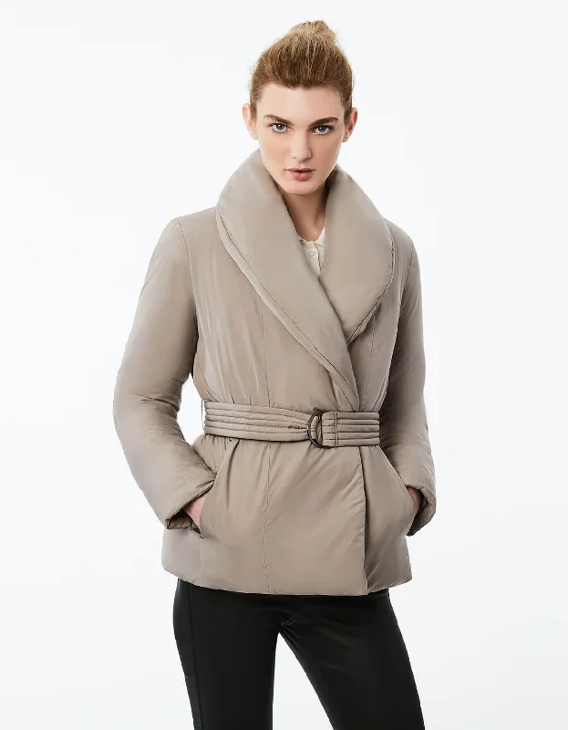 Shearling - lined women's leather coats for ultimate warmth and luxurySHAWL WRAP BELTED PUFFER Shearling - lined women's leather coats for ultimate warmth and luxurySHAWL WRAP BELTED PUFFER
