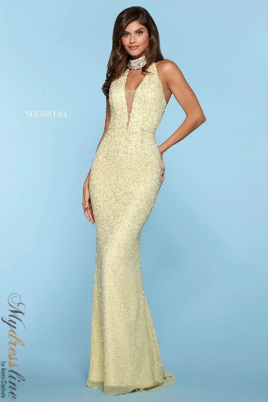 Prom dresses with ruched bodices and organza sleeves for a romantic lookSherri Hill 53495 Prom dresses with ruched bodices and organza sleeves for a romantic lookSherri Hill 53495