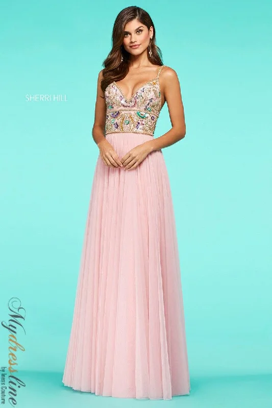 A - line formal dresses with beaded lace appliques for formal eventsSherri Hill 53567 A - line formal dresses with beaded lace appliques for formal eventsSherri Hill 53567
