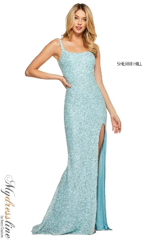 Formal dresses with cold - shoulder ruffled sleeves and floral prints for a romantic and trendy formal styleSherri Hill 53569 Formal dresses with cold - shoulder ruffled sleeves and floral prints for a romantic and trendy formal styleSherri Hill 53569