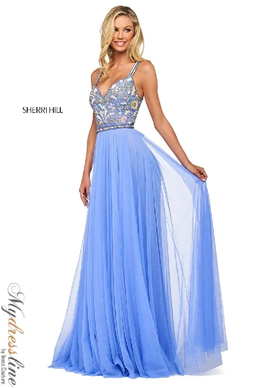 Prom dresses with ruched bodices and organza sleeves for a romantic lookSherri Hill 53803 Prom dresses with ruched bodices and organza sleeves for a romantic lookSherri Hill 53803