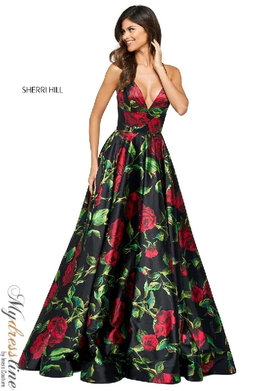 Prom dresses with geometric - cutout sleeves and flowing chiffon fabrics for a modern and airy lookSherri Hill 53896 Prom dresses with geometric - cutout sleeves and flowing chiffon fabrics for a modern and airy lookSherri Hill 53896
