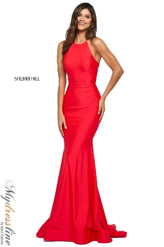 Prom dresses with cold - shoulder ruffled sleeves and floral prints for a romantic and fashionable styleSherri Hill 53907 Prom dresses with cold - shoulder ruffled sleeves and floral prints for a romantic and fashionable styleSherri Hill 53907