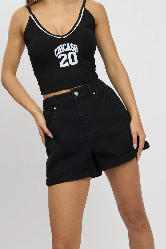 Cuffed Women Shorts for a Laid - Back and Trendy LookBlack Relaxed Short Elastic Waist Cuffed Women Shorts for a Laid - Back and Trendy LookBlack Relaxed Short Elastic Waist