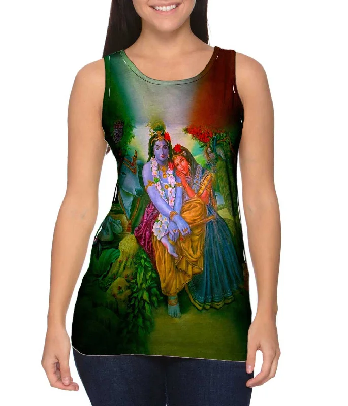Plus Size Women's Side - Slit Tank Tops in Metallic ShadesHindu God - "Radha Krishna In The Garden" Plus Size Women's Side - Slit Tank Tops in Metallic ShadesHindu God - "Radha Krishna In The Garden"