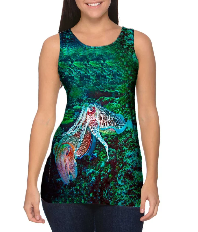 Women's Button - Down Tank Tops in Striped PatternsHooded Cuttlefish Squid Underwater Women's Button - Down Tank Tops in Striped PatternsHooded Cuttlefish Squid Underwater