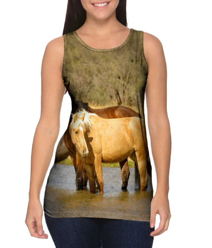 Scoop Neck Women's Linen Blend Tank Tops for SummerHorses At Stream