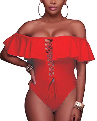 Lace-Up Ruffled Women Sexy One Piece Swimwear-Red