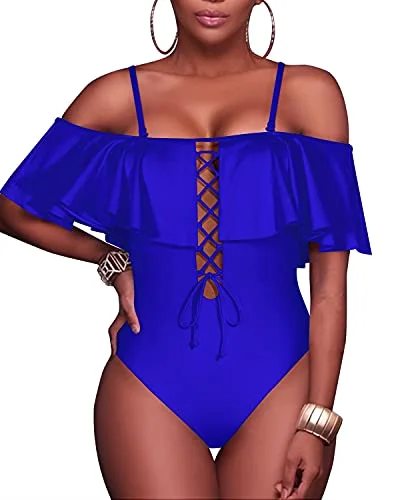 Off-Shoulder Flounce Women Sexy One Piece Swimwear-Royal Blue